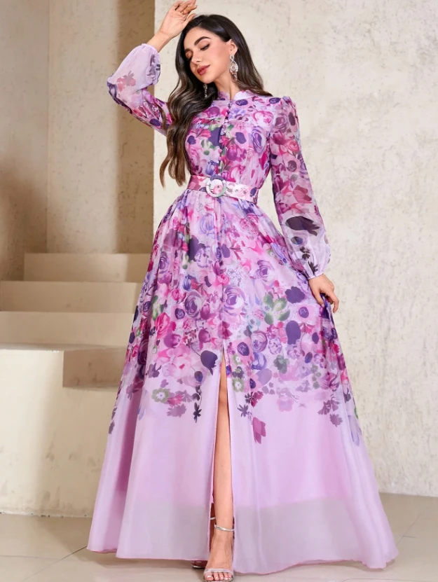 فستان نسائي أنيق بطبعة زهرية عشوائية مستوحاة من الطراز العربي